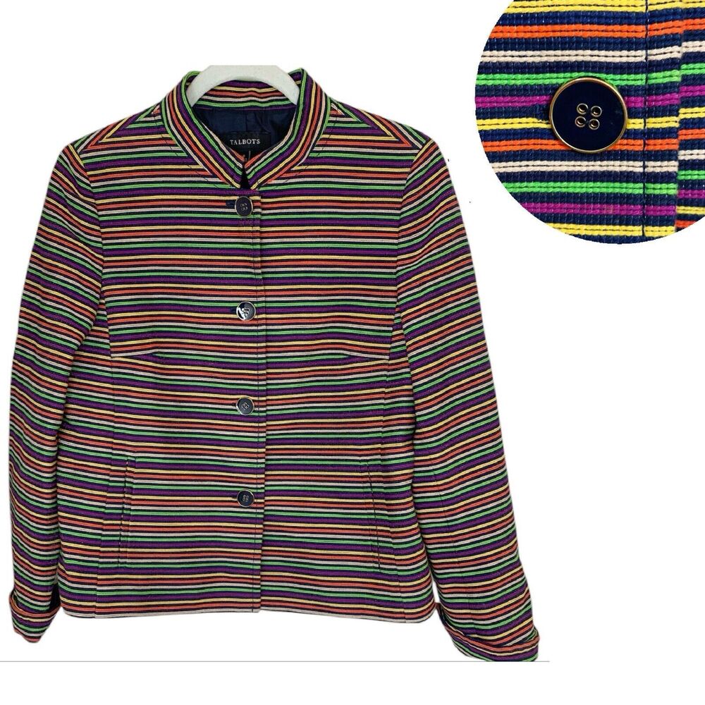 Talbots Striped Jacket‎ Blazer Size 8 Colorful Rainbow Standup Collar Career